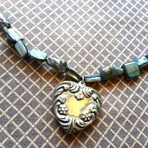 Sterling heart necklace w/ blue pearls and "mother of pearl" beads.